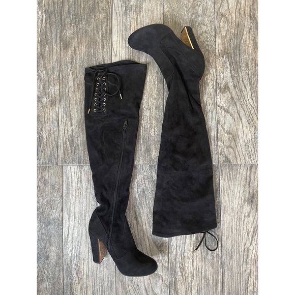 Material Girl Over the Knee High Black Velvet Stretch Boots Women size 5.5 - Picture 2 of 12